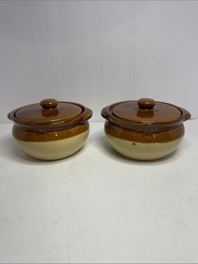 Stoneware Covered Casserole Bowls “bean pots” in Brown and Cream - Set of 2